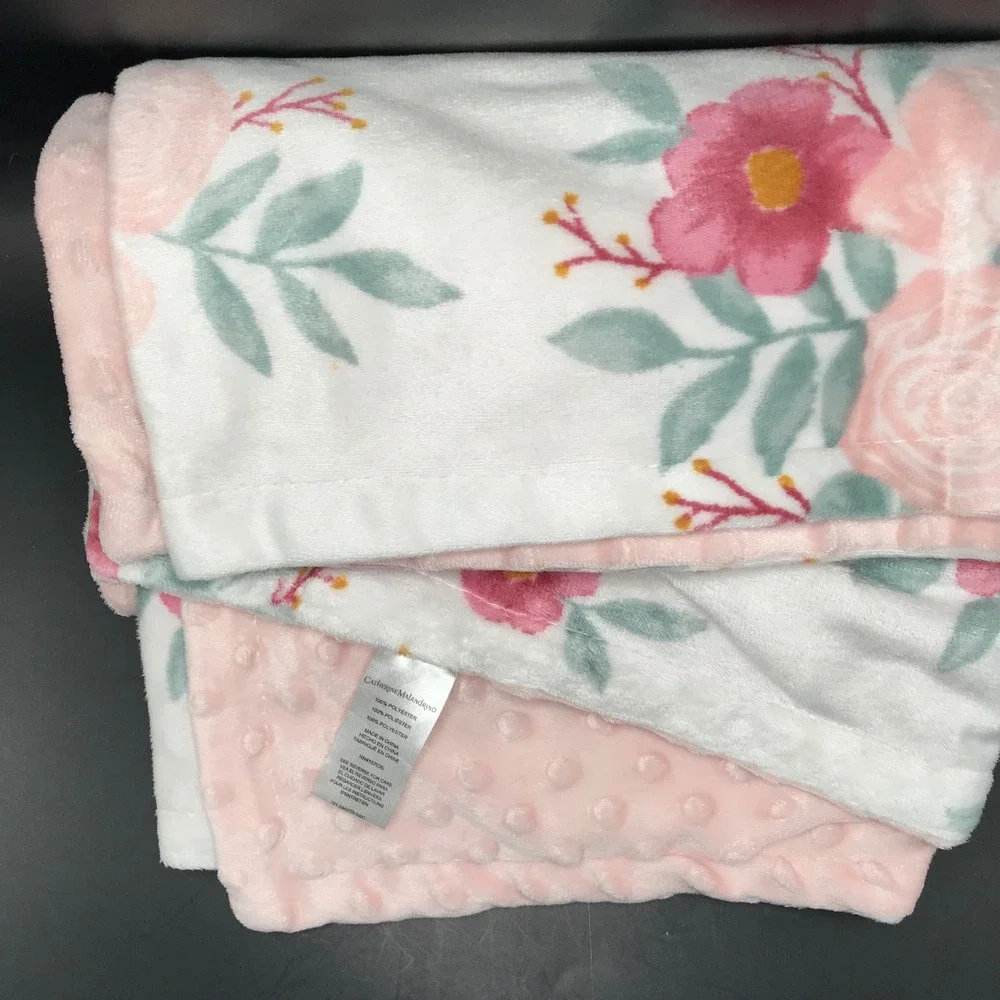 Catherine Malandrino Floral Baby Blanket Pink Minky Dot Rose Print Nursery White